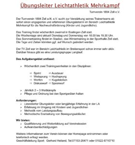 Read more about the article Übungsleitung Leichtathletik Mehrkampf gesucht: 100 € Vermittlungsprämie